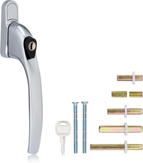 XFORT Key Locking Inline Window Handle Installation Kit in Polished Chrome, UPVC Window Handle Replacement, Lockable Window Lever