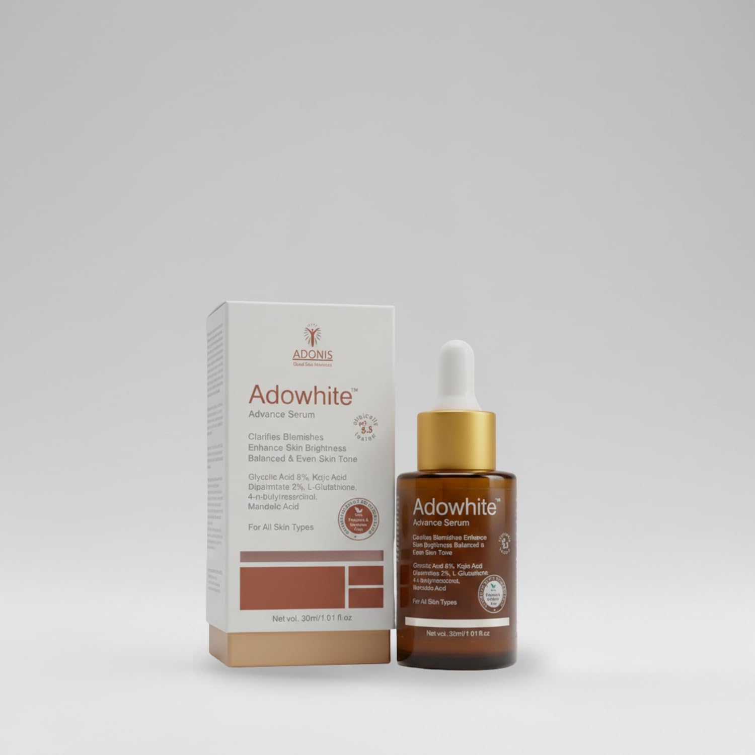 ADOWHITE Advance Face Serum with Dead Sea Minerals for Dark Spots Pigmentation Melasma | Glycolic Kojic Mandelic Acid L Glutathione 4 n Butyl Resorcinol | Brightening Anti Aging Skincare (30 ml)