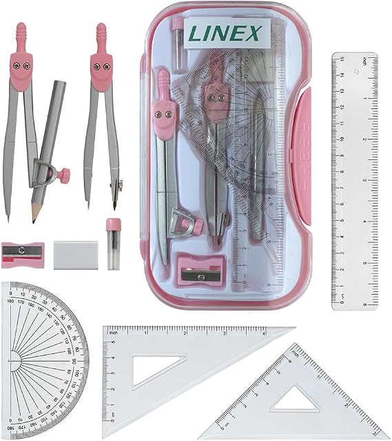 Linex Maths Geometry Set, 10-Piece Exam Kit with Transparent Case, Pink, Includes Self-Centring Compasses, Protractor, Ruler, Set Squares & Eraser