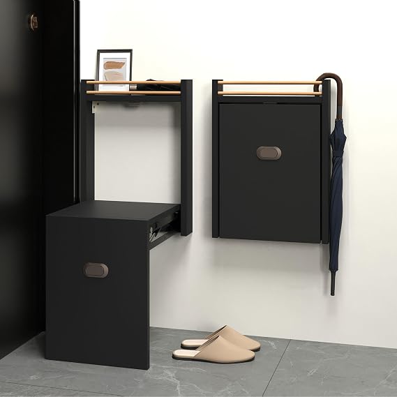 Wall Mounted Folding Shoe Changing Stool, Foldable Bathroom Seating Space Saving Wood Fold Down And Up Chair for Entryway, Bedroom, Hallway, Living Room, Black