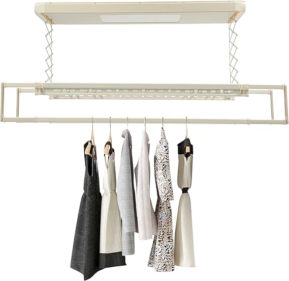 Electric Ceiling Clothes Drying Rack,110V Adjustable Ceiling Mounted Clothes Airing Rack with LED Light and Remote Control for Balcony,Hotels, Apartments (Off-White)
