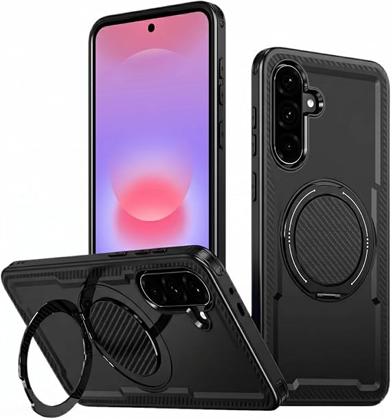 Rongep [Hyper-Fusion] Samsung Galaxy A57 için Kılıf 360° Döndürülebilir Yüzük Stantlı Güçlü Manyetik [MagSafe ile Uyumlu] Hibrit Tasarım A57 Koruyucu Karbon Fiber Detaylı Samsung A57 Kılıfı (Siyah)