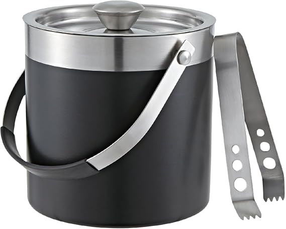 Buckingham Premium Stainless Steel Double Wall Ice Bucket with Lid and Ice Tong for Home Restaurant BBQ Clubs Parties 2 litres (Black Finish)