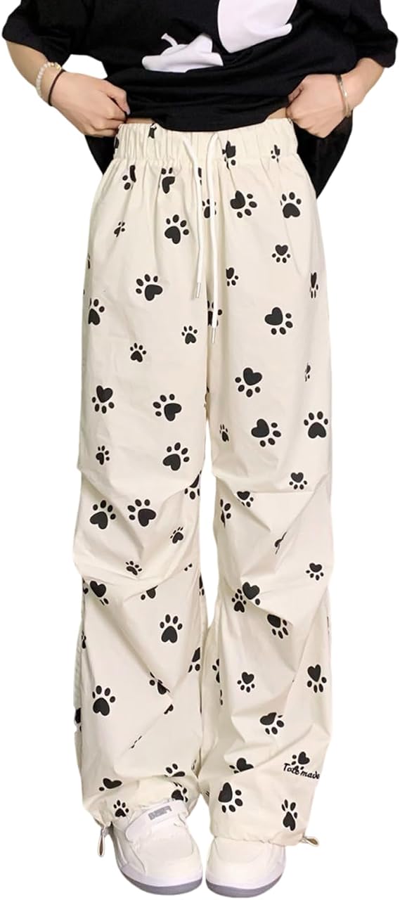 Hewlshawn Womens Pants Elastic Waist Cute Prints Lightweight Drawstring Loose with Pockets Summer Pants