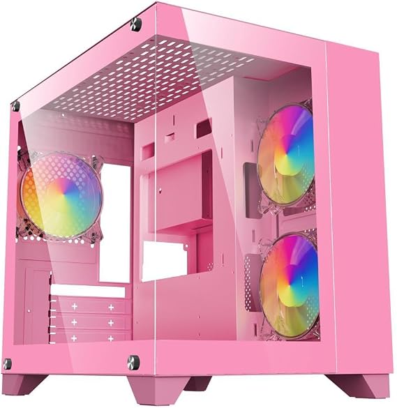 DIYPC ARGB-Q1.V2-P Pink USB3.0 Tempered Glass Micro ATX Gaming Computer Case w/Dual Tempered Glass Panel and 3 x ARGB 120mm Fans (Pre-Installed)