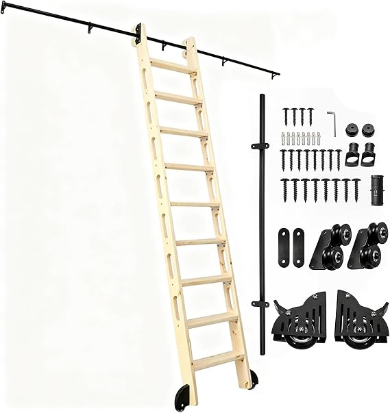 Rolling Library Ladder Hardware Kit, Black Round Track & Rail with Dual Top Rollers and Silent Brake Bottom Wheels (No Ladder)(16ft/488cm Track kit)
