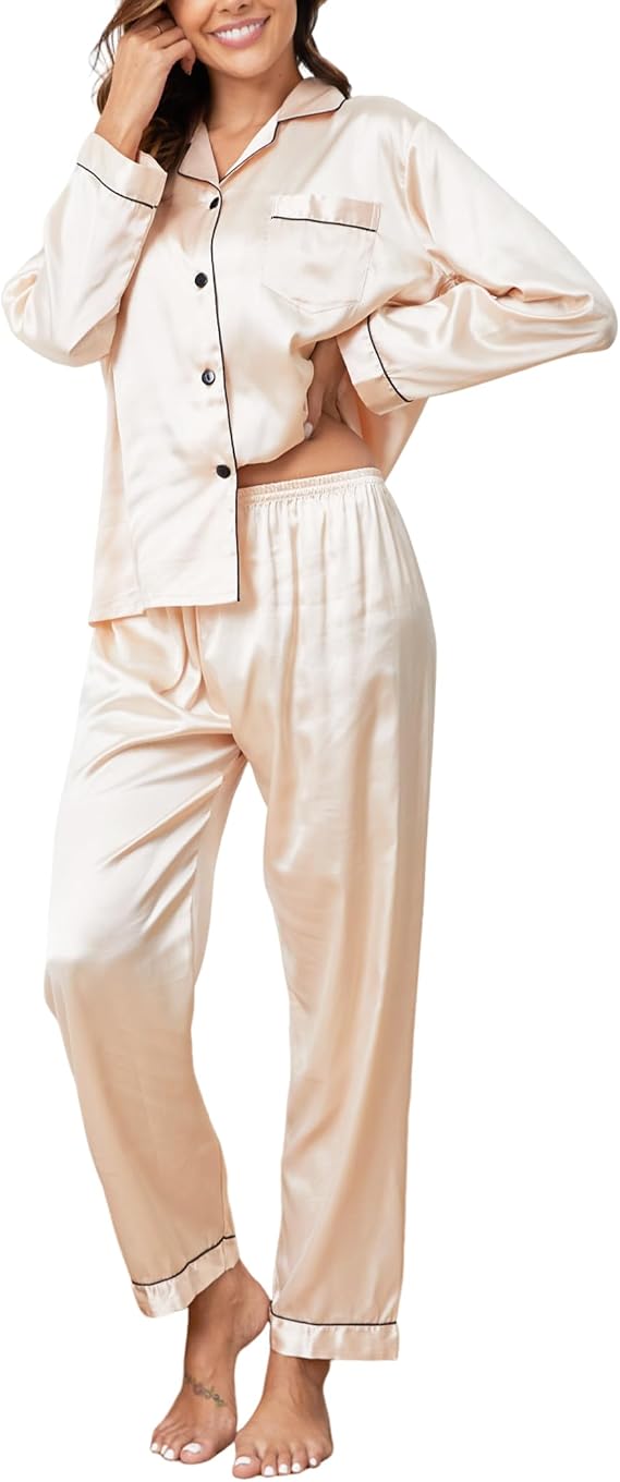 Womens Silk Pajamas Set Button Down Silk Pjs Long Sleeve and Pants Ladies Satin PJ Sets Loungewear Lounge Nightwear