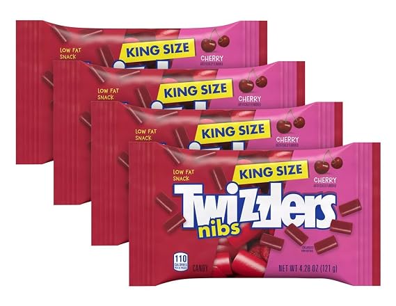 Licorice Candy Nibz Cherry Flavored, 4 x 4.28oz King Size Bags (17.12oz Total) Chewy Red Bites, Low Fat, Retro Sweet Snack, Kosher, Halloween