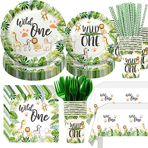 Wild One Birthday Decorations Tableware - Safari Birthday Decorations Including Plates, Cups, Napkins, Tablecloth, Straws, Cutlery, Animal Jungle Theme Wild One Party Supplies | Serve 24