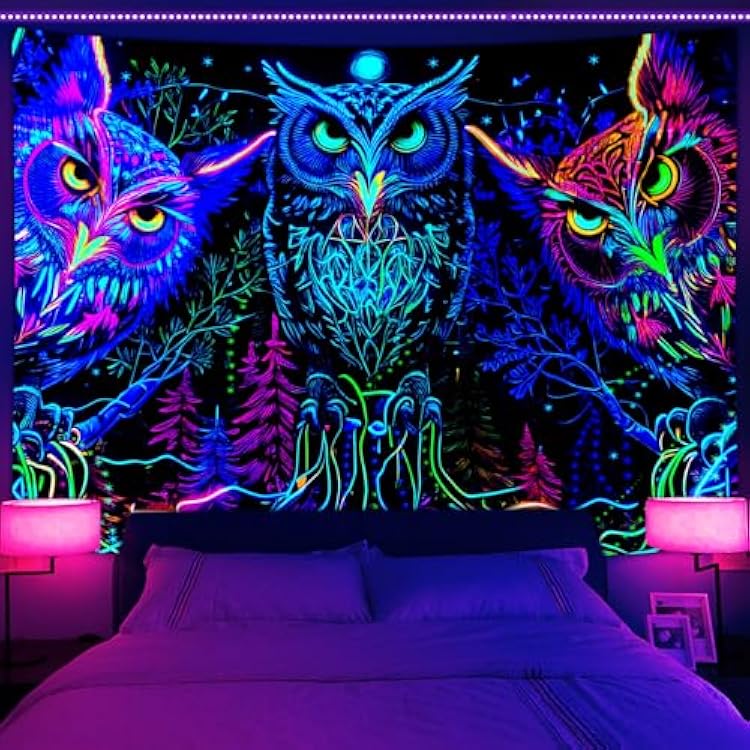 JAWO Blacklight Tapestry UV Reactive, Black Light Trippy Owl Forest Art Poster for Men Room Bedroom Decor, Psychedelic Moon Animal Glow in the Dark Blanket Party Decor 40X30 Inch