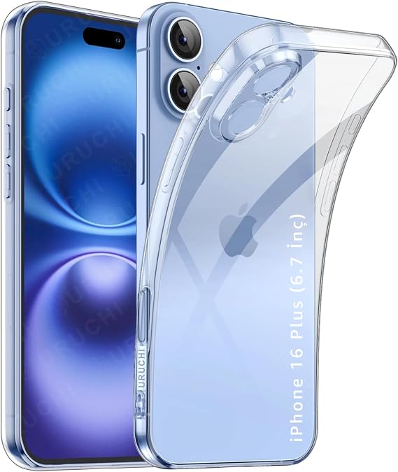 URUCHI Crystal Şeffaf Kılıf iPhone 16 Plus için, [Sararma Önleyici] [Kamera Koruma] [Askeri Sınıf Düşme Testi] Şeffaf Şok Geçirmez Koruyucu Yumuşak Silikon İnce Kapak