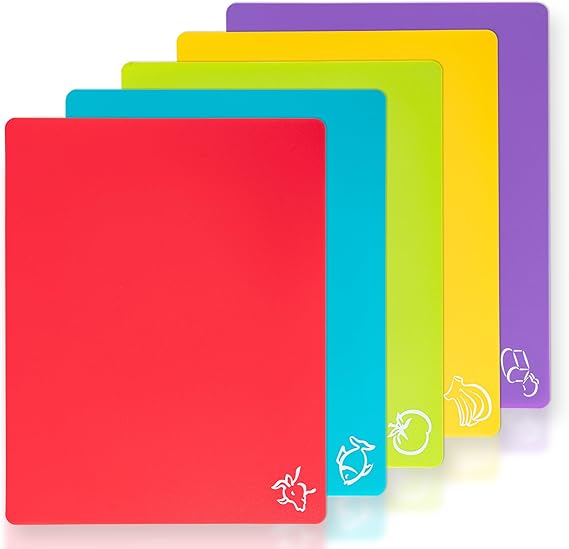 5 Pieces Flexible Plastic Cutting Board Mats with Food Icons, BPA Free Cutting Boards for Kitchen, Non Slip Cutting Mat for Meat and Vegetables (Red, Bright Yellow, Light Green, Purple, Lake Blue)