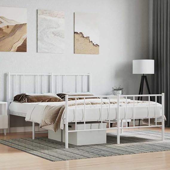 Double Bed Frame with Headboard, Heavy Duty King Size Metal Platform Bed Frame, Steel Black Bedroom Furniture for Master Guest Room（White,160 x 200 cm,with headboard & footboard）