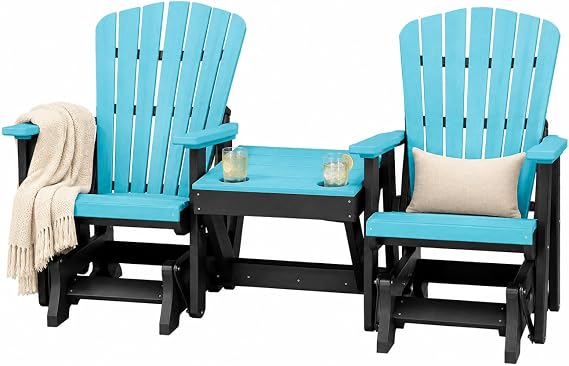 DutchCrafters Slat Fan Back Double Poly Adirondack Glider Outdoor Patio Chairs with Center Table (Black & Aruba Blue)