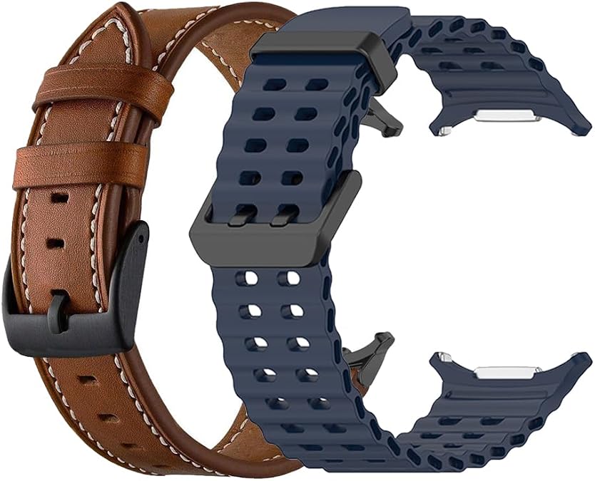 Compatible for Samsung Galaxy Watch Ultra 2 Bands 47mm, Soft Breathable Sport Silicone + Leather Watch Straps Replacement for Galaxy Watch Ultra Bands No Gap Men Women