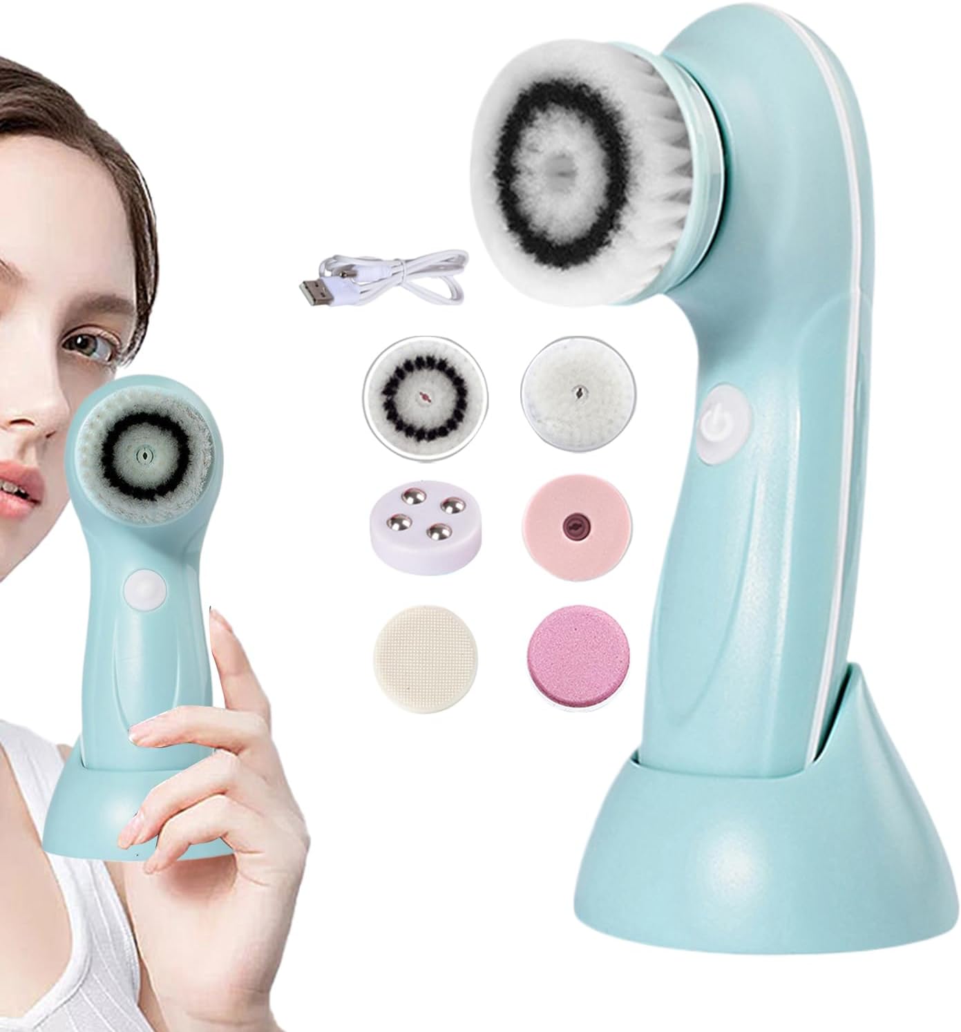 Face Brush | Facial Scrubber Electric with 6 Brush Heads,Rechargeable Massaging Scrub Skin Cleanser Device for Nose Cheeks Chin Forehead