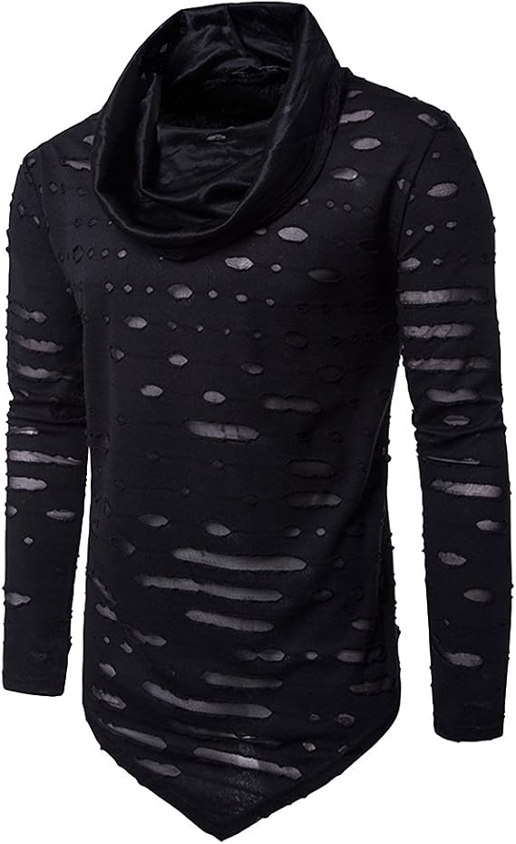 COTTORY Men's Pure Colour Hipster Hiphop Thumb Hole Design Hem Heaps Collar Long Sleeve T-Shirt