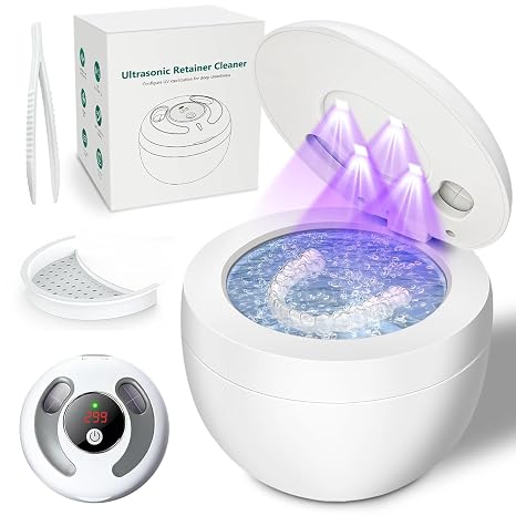 Ultraschallreinigungsgerät 45000Hz mit UV-Zahnprothesenreiniger 4 Modi Digitaltimer tragbarer 200 ml Ultraschall-Reinigungspod für Nachtschienen Aligner Zahnspangen Zahnbürsten Schmuck und mehr