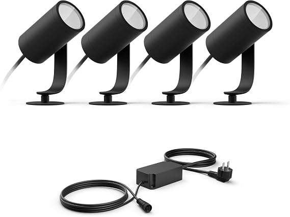 Philips Hue Lily Basis Set of 4 Garden Spotlights (Anthracite) - White and Coloured Light - Includes 1 Power Cable - Garden Lighting - Hue White and Colour Ambiance