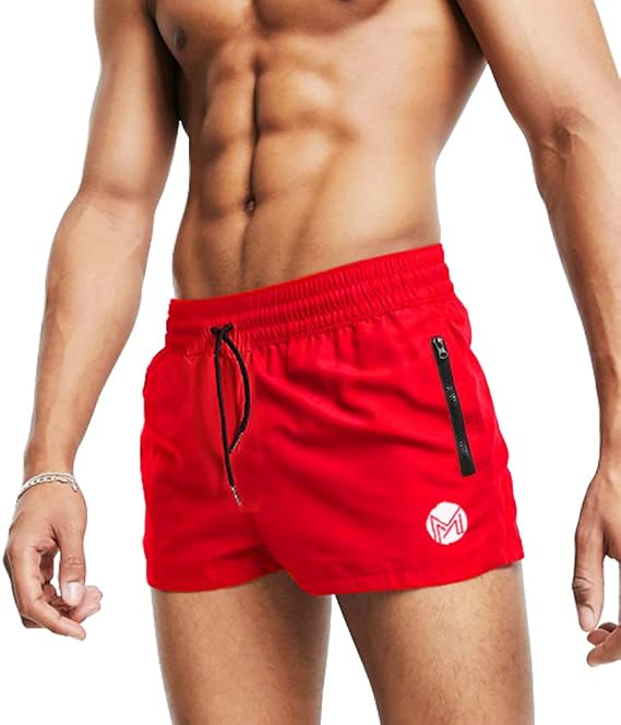 Men's Gym Workout Shorts, 3" Bodybuilding Running Shorts, 3 inch Athletic Gym Shorts with Zipper Pockets Red