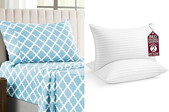 LUX Decor 3 Pcs Twin Quatrefoil Sheet Set + 2 Queen Stripe Pillows Ultra-Soft Microfiber Bed Sheets with Flat Sheet, 16 Inch Deep Pocket Fitted Sheet & Pillowcases, Oeko-TEX Aqua Blue