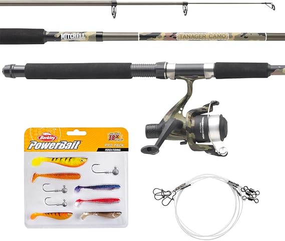 Mitchell Tanager Camouflage fishing set of a rod and reel combo with line and lures for anglers fishing for trout and perch. Available in Telescopic Travel combo kit. Predator fish full set up