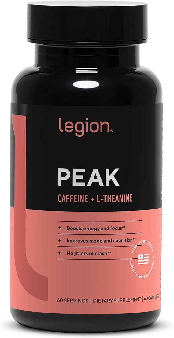 LEGION Peak Caffeine and L Theanine Pills - 200 mg Natural and Organic L Theanine Caffeine Supplement for Smooth Energy, Focus and Cognitive Performance - Vegan, Non GMO - 60 Servings