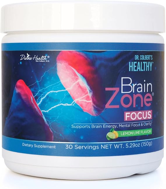 Dr. Colbert, MD Brain Zone Focus Powder | by Divine Health | Lemon-Lime Flavor Alpha GPC | D-Ribose | N-Acetyl L-Tyrosine | Recommended in Brain Zone Book | Brain Energy & Focus | 5.29 oz