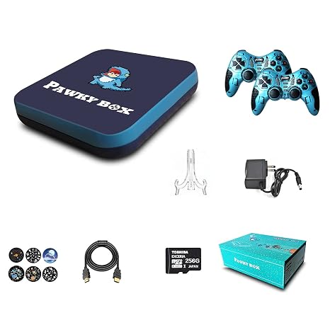 Pawky Box Video Game Console with built-in 50,000+ games, home game console, 2 controllers, support NES/NEOGEO/DC/N64/PS1/PSP, WiFi/LAN, best gift for kids (256GB)64G-blue