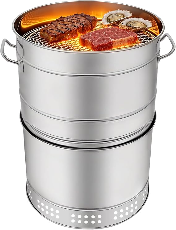 Portable Smokeless Barbecue Charcoal Barrel Grill,Large Portable Charcoal Grills,Stainless Steel 360 Smokeless Outdoor Barbecue Grill with Multiple Clips,Outdoor Barbecue Grill for Travel