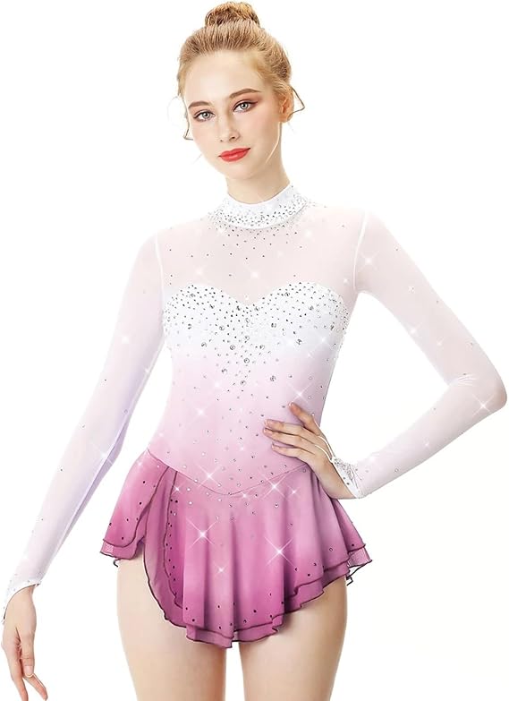 Figure Skating Dress Women Long Sleeve Open Back Handmade Breathable Professional Competitiona Wear