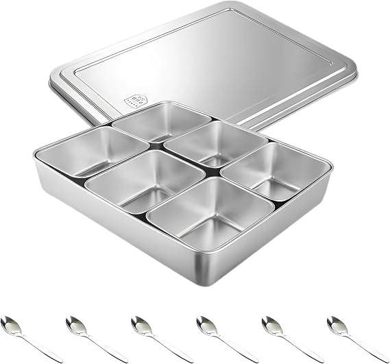 304 Stainless Steel Condiment Dispenser, 6-Compartment Yakumi Mise En Place Box with Lids and Spoons, 127 Oz Large Food Multi-Compartment Set for Kitchen, Restaurant, Buffet