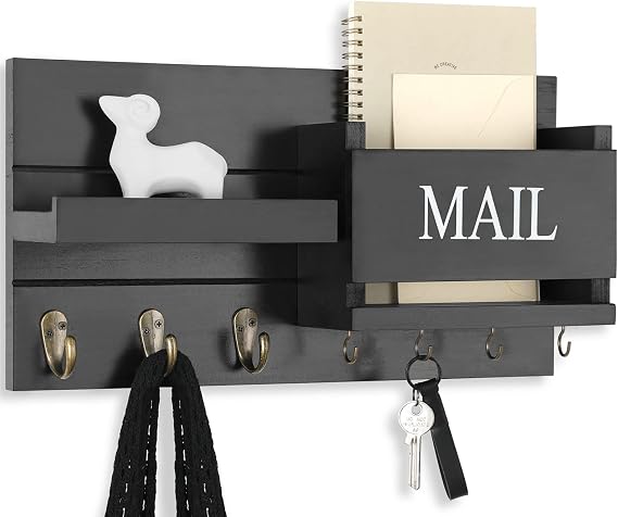 Lwenki Mail Organizer for Wall Mount Key Holder with Shelf Includes Letter Holder and Hooks for Hallway Farmhouse Decor Rustic Wood with Flush Mounting Hardware (16.5 x 9.1 x 3.4) (Black)