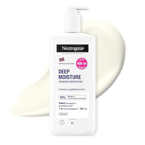 Neutrogena Norwegische Formel Deep Moisture Sensitive Bodylotion 400 ml Bodylotion Körperlotion für trockene empfindliche Haut mit 10 Prozent Glycerin + Pro-Ceramide Technologie parfümfrei