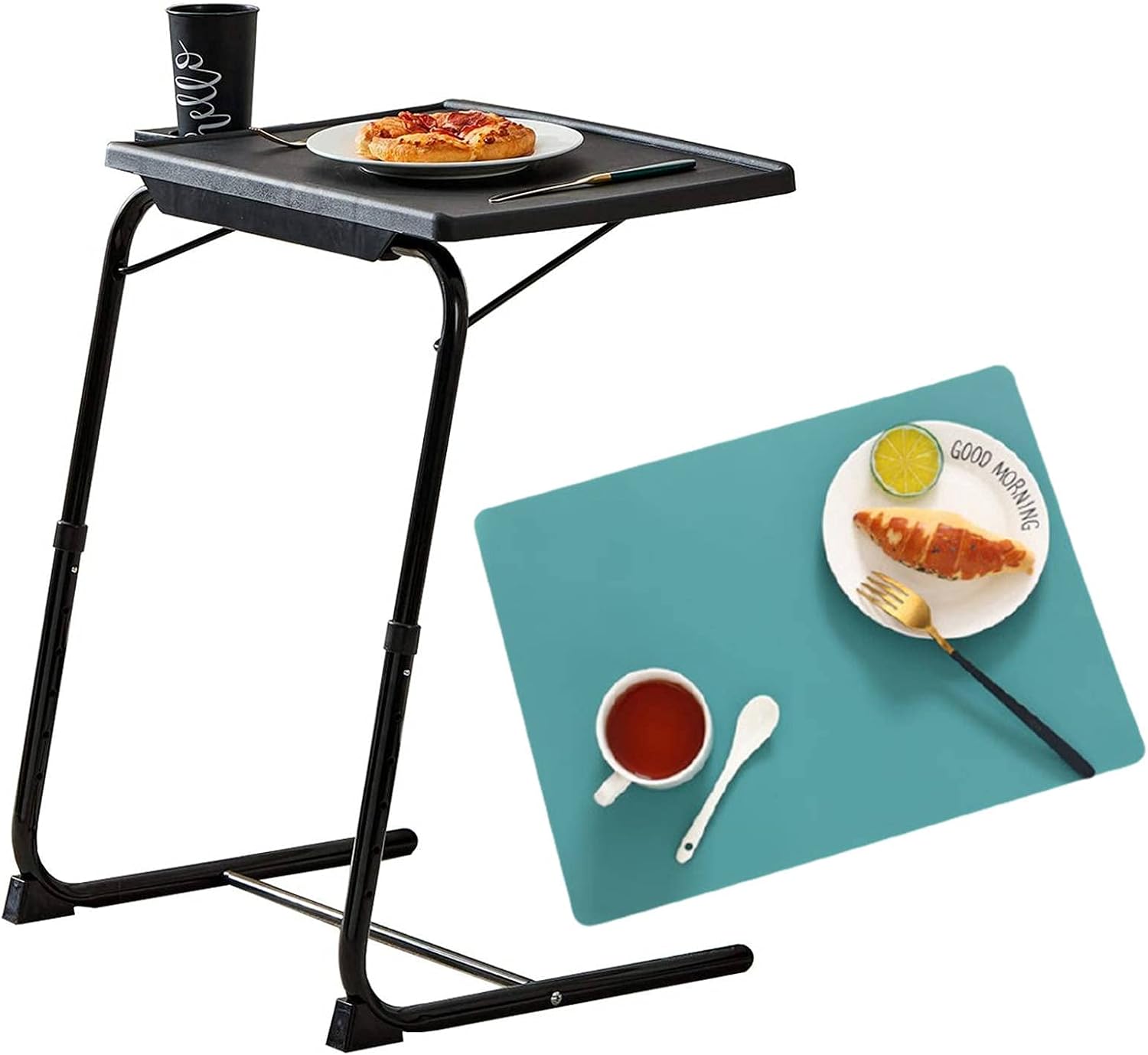 Rubypin Multifunction TV Tray & 1 Silicon Antiskid Placemat- Folding TV Tray on Bed & Sofa, Cup Holder, Comfortable Table with 6 Height & 3 Tilt Angle Adjustments, Extra Silicon Placemat Easy to Clean