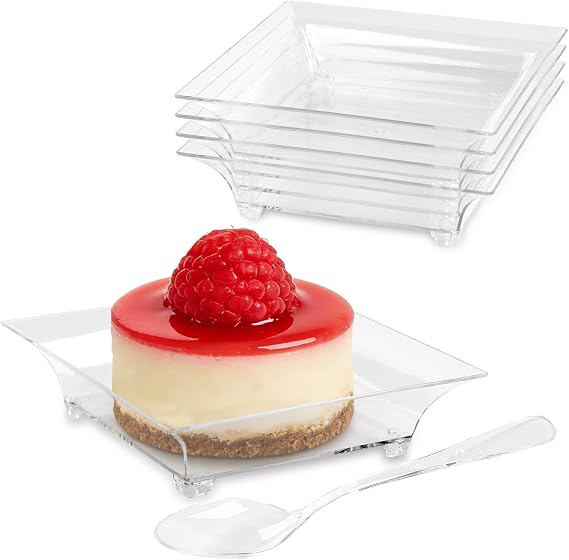 1 oz Square Mini Dessert Plates with Spoons, 100 Pack