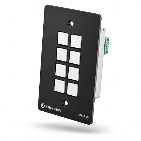 J-Tech Digital 8-Button Control Panel Wall Plate with Programmable LED Buttons, RS-232, RS-458, Relay and IR Control (JTD-P8B), Black Color