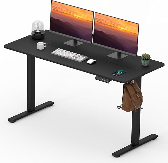 Adjustable Stand Up Desk with Memory Presets Standing Desk 55" x 24" Electric Home Office Desk Computer Workstation Splice Black Top + Black Frame