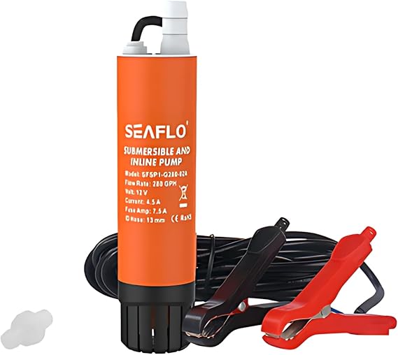 SEAFLO 280 GPH Submersible Inline Pump - 12V, Portable Transfer Pump for Diesel/Fresh Seawater, 23 ft Head, 16 ft Leads with Clips, 1/2 in Outlet, Marine RV,