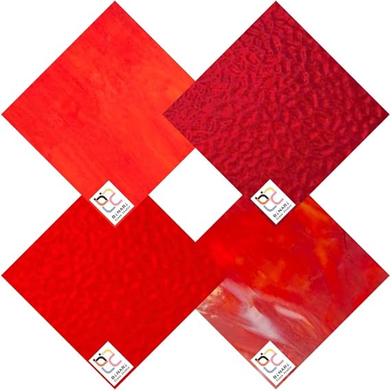 Wissmach 4 Sheet Mixed Color Variety Stained Glass Pack, RED, (8"X10") by BiNARi Glass Studio