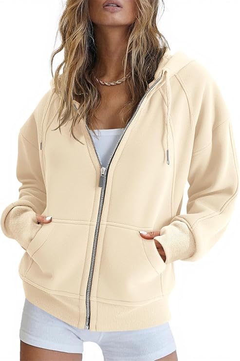 Fisoew Womens Zip Up Sweatshirts Fleece Lined Collar Crop Hoodie Casual Cotton Long Sleeve Tops with Thumb Hole