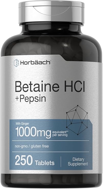 Horbaach Betaine HCl with Pepsin | 250 Tablets | Hydrochloride Supplement | with Ginger Root | Non-GMO, Gluten Free