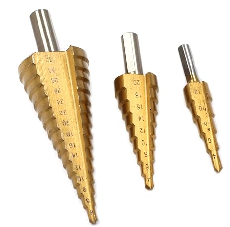 3 Pcs HSS Step Drill Bit, High Speed Steel Titanium Coated Large Hole Step Bits for Metal Wood Plastic, 4-12/20/32mm
