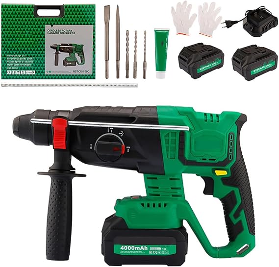 Heavy Duty Rotary Hammer Drill, Brushless Hammer Kit, with 3Pcs Drill Bits and 2Pcs Chisel, LED Light, 360 Auxiliary Handle, 3 Function, for Concrete, Masonry, Brick, Steel, Wood