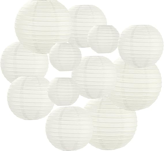 Paper Lanterns, 12Pcs Hanging Round Paper Lamps, Sized 4" 6" 8" 10" | Decorative Lamp Shades, Chinese Lanterns Decorations for Home Decor, Parties, Weddings, Festival (White)