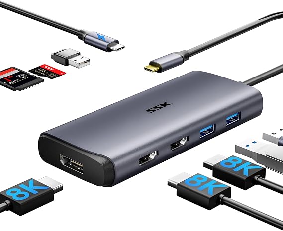SSK USB-C Docking Station 3 Monitors 9 in 1 Single 8K/Dual 4K60Hz Display | USB3.2 Docking Station Multiport Adapter, 2 HDMI+DisplayPort, Single 8K/Dual 4K60Hz, 100W PD, SD & TF card