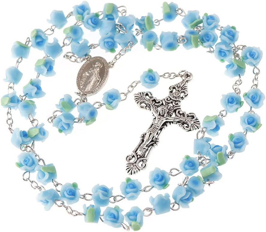 Rosario de abalorio católicas, 6 colores, regalos de confirmación para adolescente, collar de rosa de arcilla polimérica, collar de cruz de aleación de plata para mujeres, regalos para mujeres
