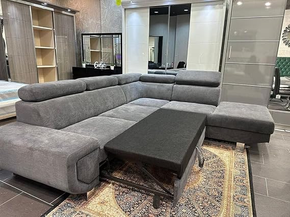 Bishop Grey Corner Sofa Bed with Storage & Adjustable Headrests | Pull-Out Double Sofa Bed | L-Shaped Sectional Couch with Ottoman Storage | Modern Fabric Sofa for Living Room | Right Hand