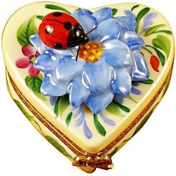LIMOGES BOUTIQUE FINE FRENCH PORCELAIN Heart Blue Flower w Ladybug