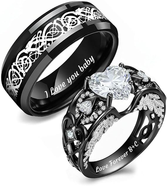 Custom Engraved Couple Rings Set Matching Promise Rings for Him and Her Personalized Celtic Dragon Heart Ruby Promise Ring Sets Purple and green heart-shaped gemstone Anniversary Ring